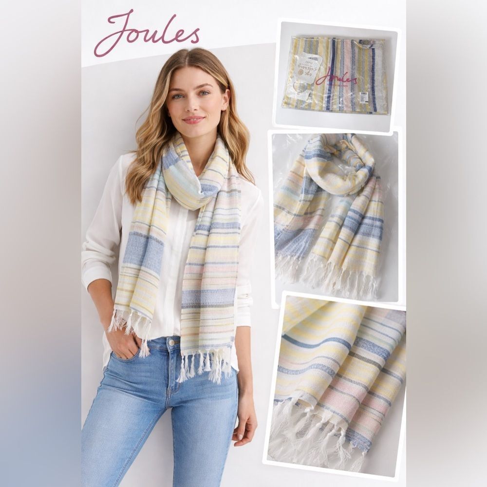 Joules Striped Lightweight Scarf Pastel Yellow Blue Tassel NWT
